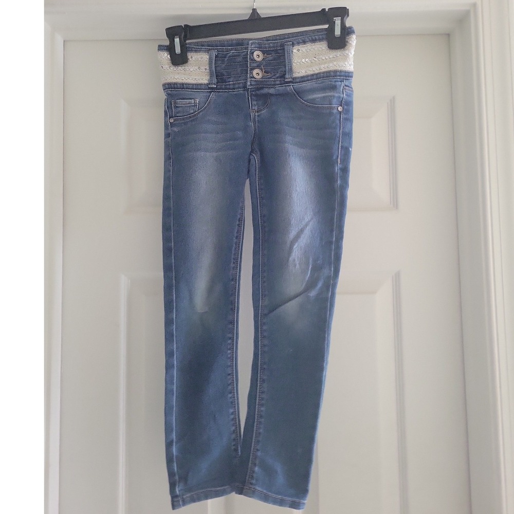 SQZ Girls Blue Sequin Waist Skinny Jeans Medium Wash Size 8 High Rise Stretch
